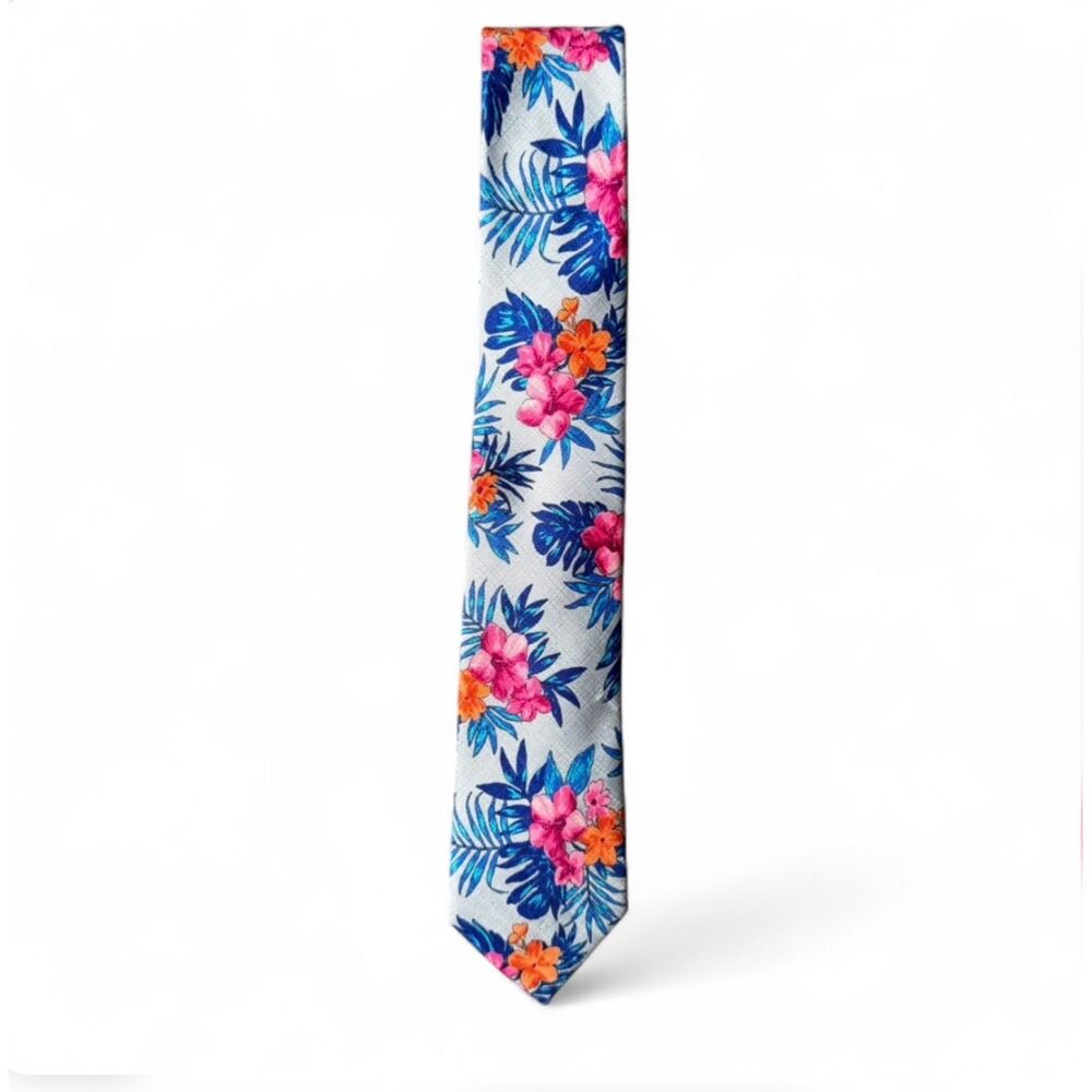 Wembley Gray and Multicolored Tropical Floral Necktie - Size Standard‎ Youth/XL